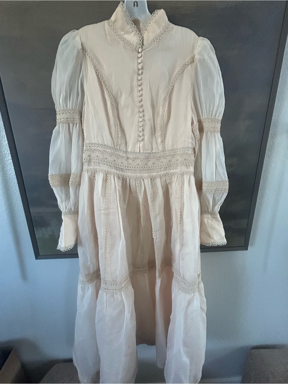NWT CIDER CHIFFON HIGH NECK CONTRASTING LACE CINCHED WAIST A-LINE MAXI DRESS - Picture 14 of 16